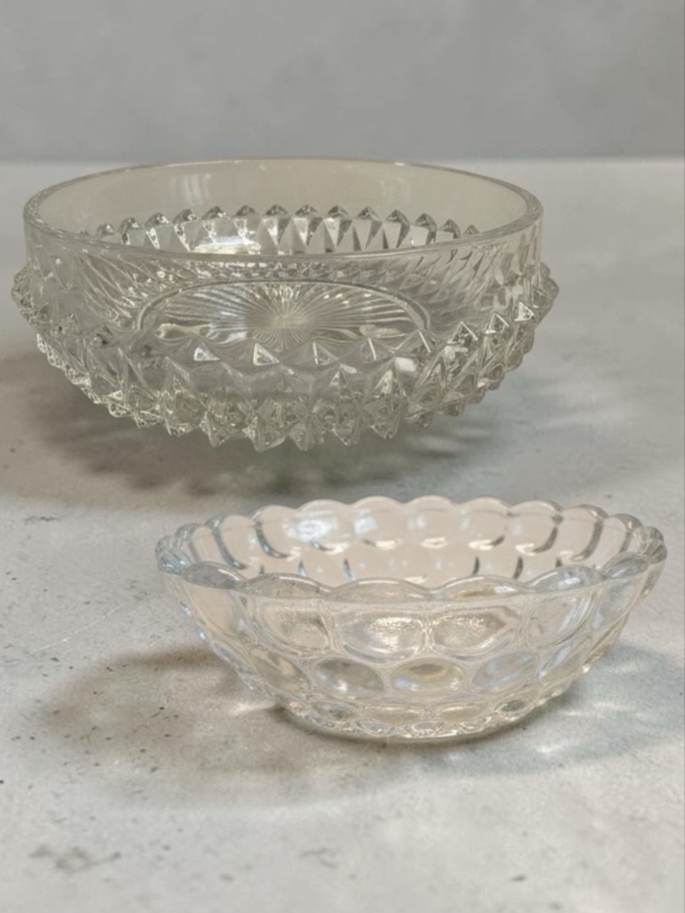 2 Vintage Clear Glass Bowls Indiana Glass Diamond Point Anchor Hocking Bubble
